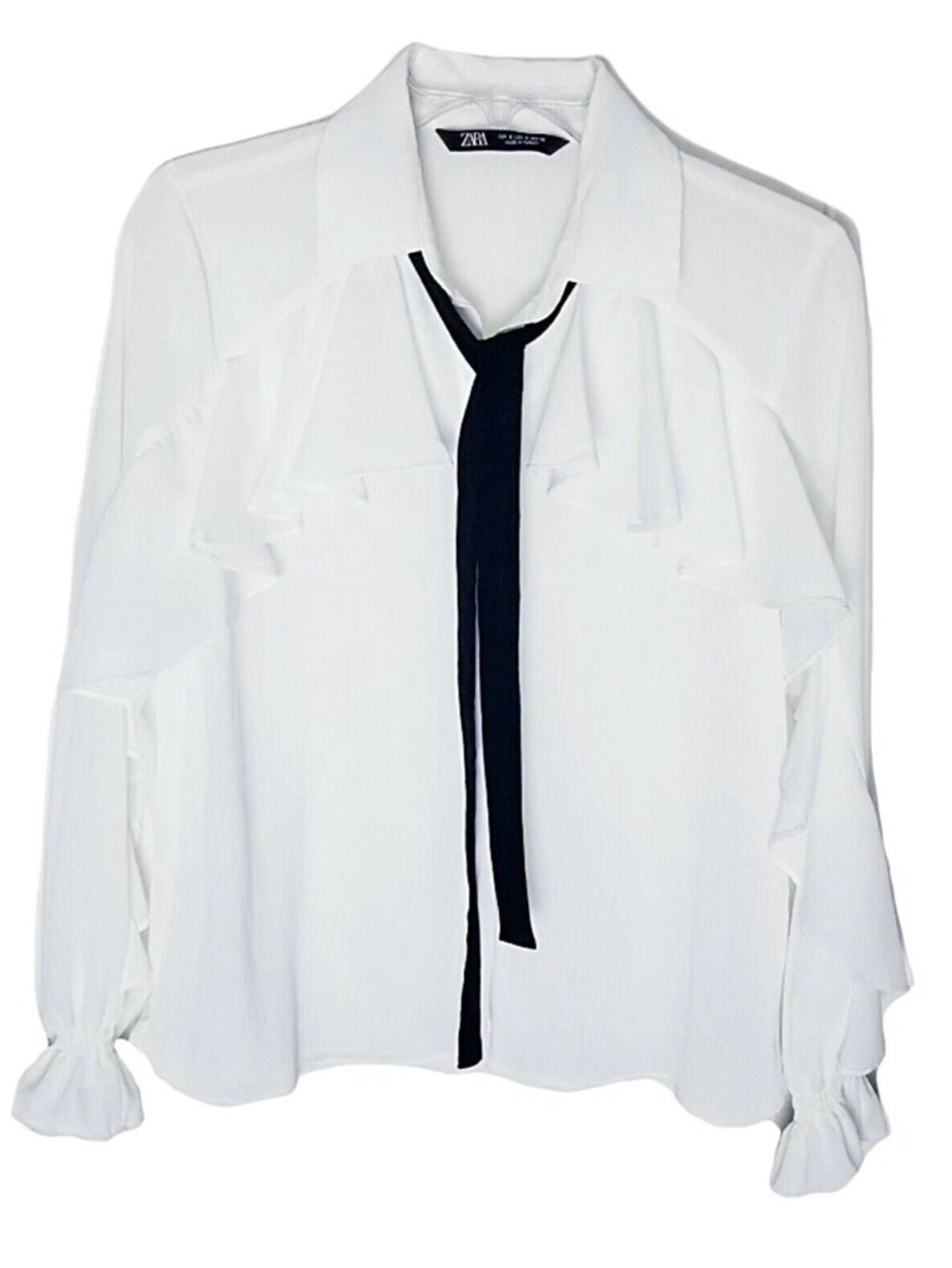 Zara White Ruffle Blouse with Black Tie